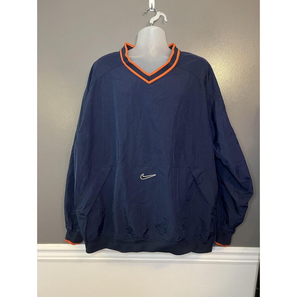 Vintage Nike Pullover Jacket Mens 2XL Navy Blue Orange Trim Swoosh Windbreaker